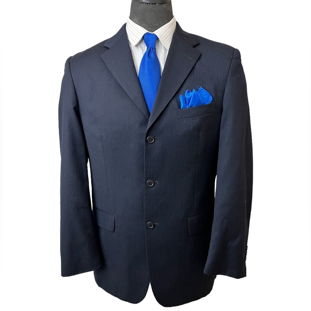 LINEA UOMO MENS DRESS BLAZER 100% WOOL SIZE 42R PINSTRIPE NAVY BLUE AM☑️